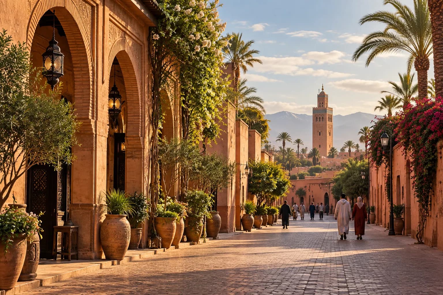 Editorial illustration of a Marrakech street with arcades and palms