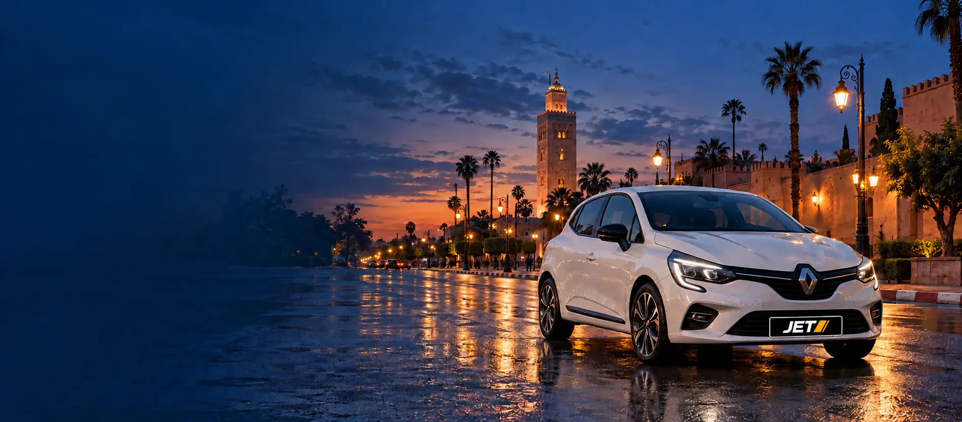 Illustrative scene of a rental car near the Koutoubia in Marrakech