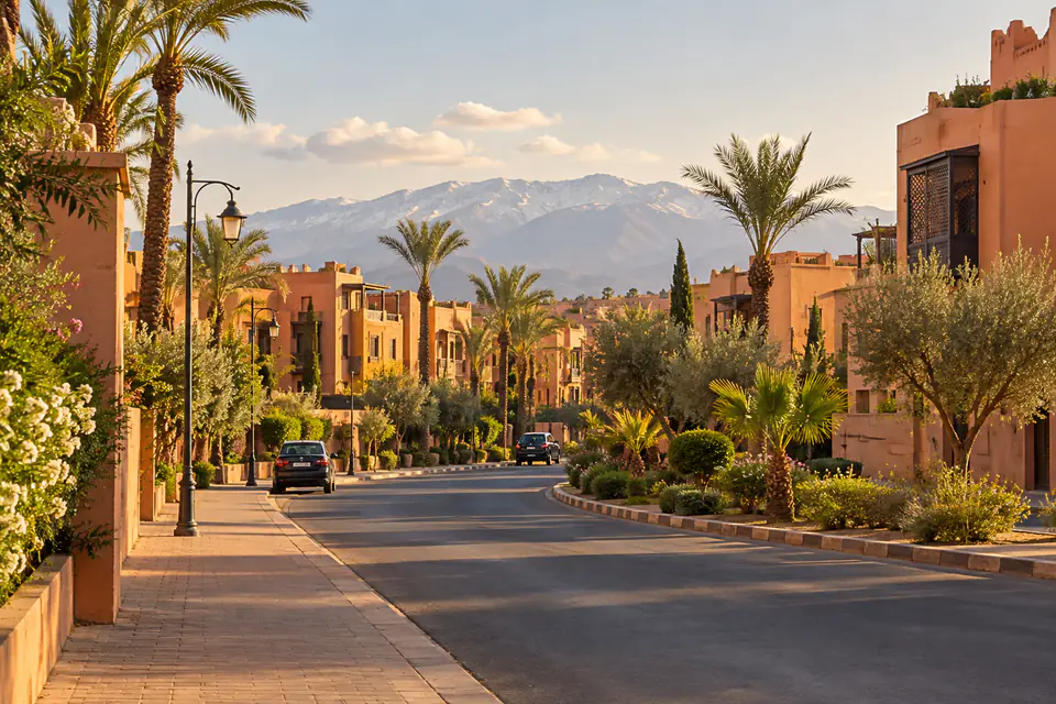 Visuel éditorial d’un quartier paysagé de Marrakech