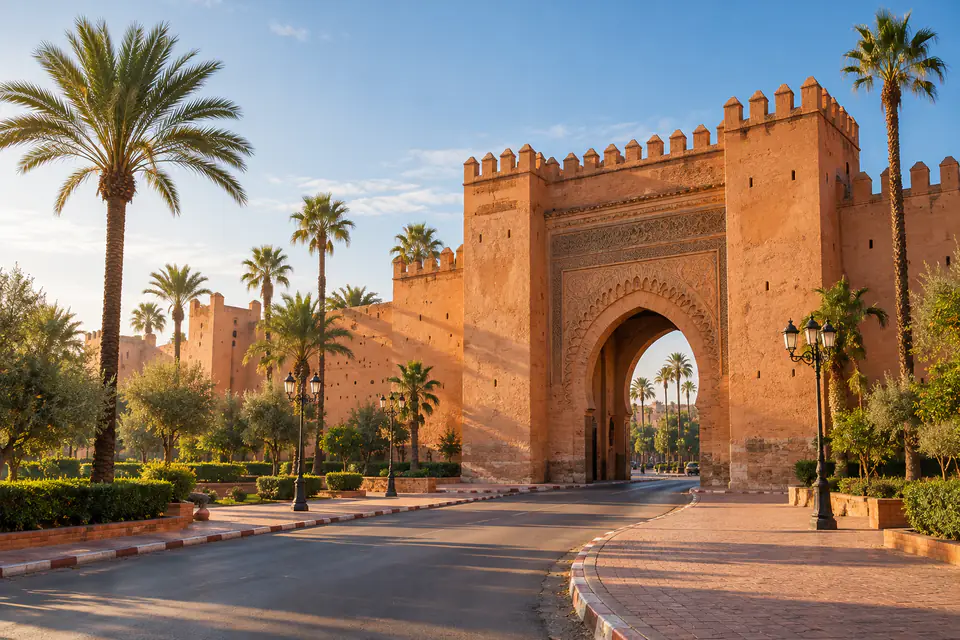 Visuel éditorial des remparts et d’une porte de Marrakech