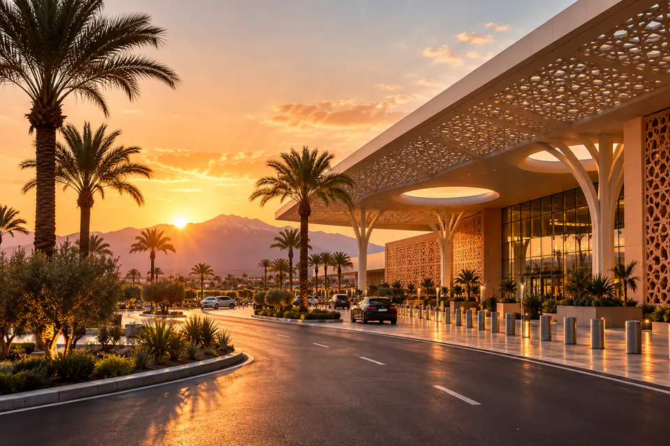 Visuel éditorial de l’aéroport Marrakech-Ménara au coucher du soleil